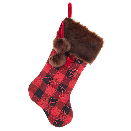 Buffalo Plaid Sequin with Faux Fur Cuff and Pom Poms Stocking 20.5