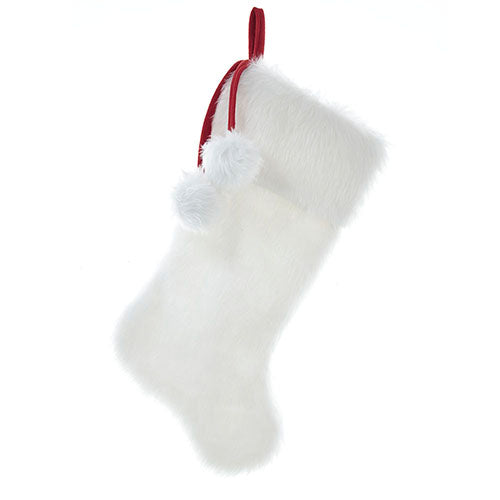 White Faux Fur With Pom Poms Stocking 20.5