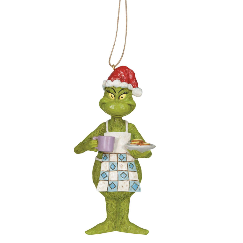 Grinch in Apron with Mug & Cookies